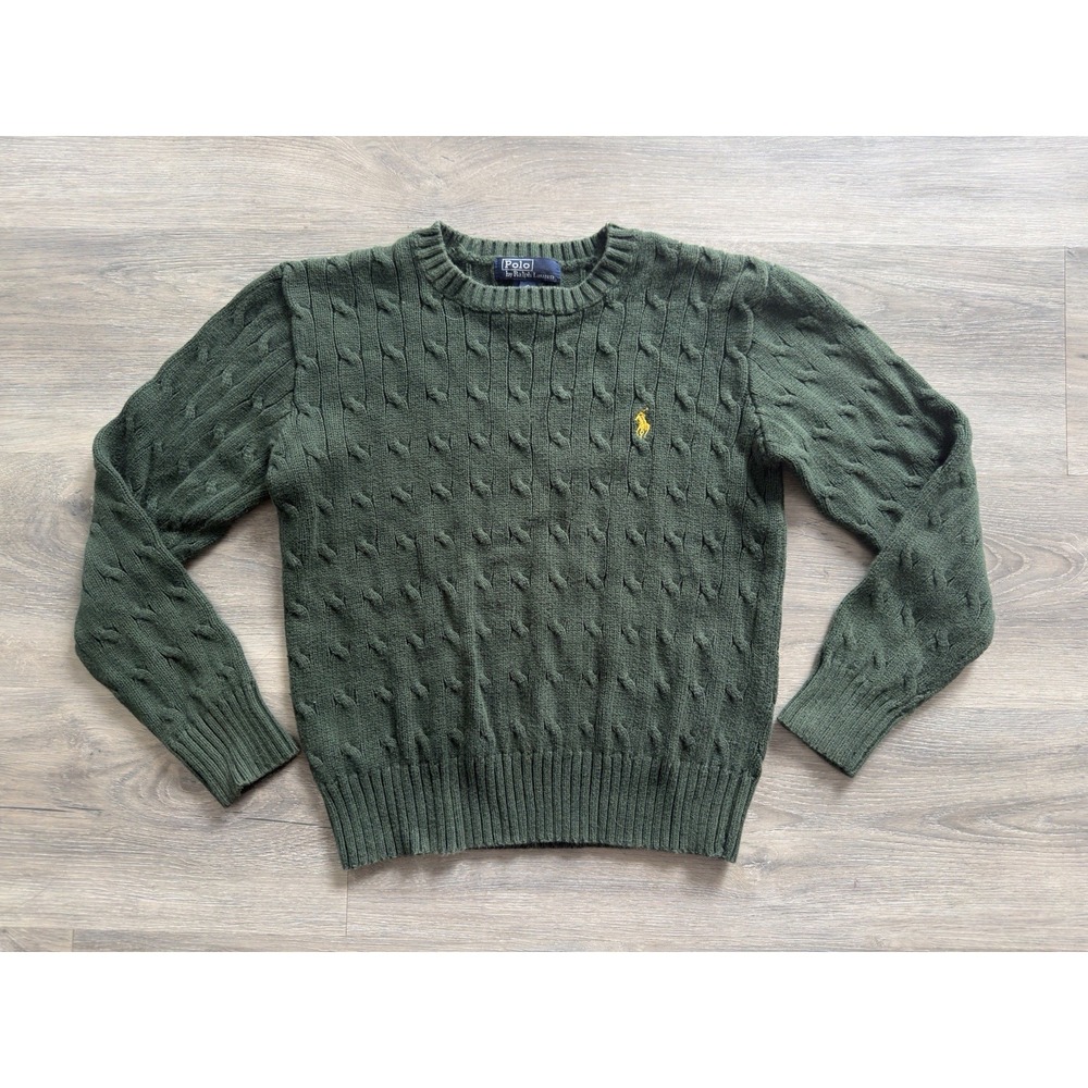 Polo Ralph Lauren Boys Green Cable Knit Pullover Crew Neck Sweater Size Small